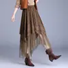 Saia midi vintage em camurça com retalhos vazados para mulheres, outono e inverno, saia irregular de cintura alta afunilada em A