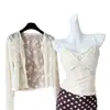 Conjunto de Dos Piezas para Niña: Chaleco/Cárdigan de Malla Jacquard de Encaje Dulce y Puro + Falda de Lunares Color Café con Copas en el Pecho