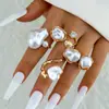 Moda Transfronteriza Europea y Americana Anillo Simple de Aleación con Perla Irregular Conjunto de Anillos Geométricos Apilables Retro