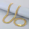 Colar de botões diy feito à mão estilo hip-hop corrente cubana sextavada moída de 10mm pulseira de aço inoxidável lisa para homem conjunto