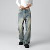 Procesamiento y Personalización de Jeans Casuales Sueltos Rectos de Color Azul Nostálgico y Blanco Lavado con Jeans de Pierna Ancha de Longitud Completa