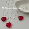 Corrente para Clavícula Design Minimalista Nicho Estilo Coreano S925 Prata Esterlina Colar com Pingente de Coração Vermelho Versátil e Elegante
