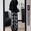 Calça Plaid de Lã Vintage Feminina Solta Outono e Inverno Nova Cintura Alta Estilo Preguiçoso Perna Reta Calça Casual com Forro de Fleece Perna Larga