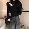 Diseño nicho sentido top corto cepillado camiseta otoño e invierno ropa interior cuidadosa máquina calado cuello alto forrado de vellón camisa básica para mujer