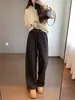 Pantalones de Pierna Ancha Elásticos con Estampado de Leopardo Oscuro de Baja Saturación, Tejido Personalizado Retro Discreto, Cintura Elástica Se Puede Atar con Terciopelo G120515