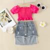 Moda Exterior Conjunto de Verão Europeu e Americano para Meninas Top Tubo Ruched de Manga Curta Off-Shoulder Saia Jeans Conjunto de Duas Peças Infantil