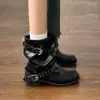 Botas de media pantorrilla negras con hebilla de cinturón tachonada, estilo dulce y fresco, para mujer, nuevas botas de moda con tacón grueso 2026, botas de motocicleta versátiles