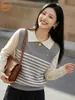 Suéter de Punto con Rayas Bloque de Color y Cuello Chal Reductor de Edad para Mujer, Jersey Casual Holgado, Top Falso de Dos Piezas Estilo Francés con Manga Larga