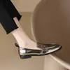 Zapatos de Mujer de Piel de Vaca 26 Nuevos de Primavera y Otoño Punta Redonda Tacón Bajo Estilo Retro Mocasines de Piel Genuina Color Negro Gunmetal