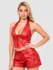 Fábrica Personalizada Europeu e Americano Transfronteiriço Amazon Couro PU Vermelho Top Cropped de Gola Alta Couro PU Shorts Ultra-curtos Emagrecedor Hot Girl
