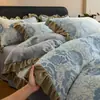 Juego de Cama de Felpa de Leche de Invierno de Cuatro Piezas Edredón Grueso y Cálido para Dormitorio Principal Francés Juego de Sábana y Funda de Edredón con Encaje de Tres Piezas