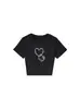 Camiseta Negra de Hombro Normal con Cuello Redondo y Manga Corta para Mujer, Nuevo Estilo de Verano con Estampado de Hello Kitty en Forma de Corazón, Top Versátil para Mujer
