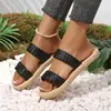 Sandalias tejidas versátiles de dos colores para mujer, sandalias de tiras dobles abiertas en la punta de talla grande, cómodas de suela plana para el hogar y el trabajo