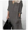 Explosões transfronteiriças 2023 Verão e outono vestido elegante de cor sólida com fenda fivela de unha simples vestido longo camisa à vista