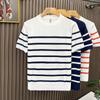 Camiseta Masculina de Tricô Listrada de Manga Curta Verão Nova Gola Redonda Business Slim Macia Respirável Tendência Casual Top