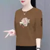 Camiseta de Manga Sete Pontos e Meia-manga Solta Estilo Chinês Novo para Mães de Meia-idade e Idosos Camiseta Top Camada Base