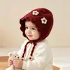 Gorro de Lana Tejido para Otoño e Invierno con Forro de Felpa, Engrosado, Cálido, Protección para Orejas, Trenzas, Cinco Flores Pequeñas, Niños Bebés e Infantes, Transfronterizo