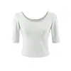 Camiseta lisa de manga curta com decote U grande para mulheres, verão, de alta qualidade, versátil, azul, slim fit, moderna, com mangas médias