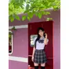 Traje de Verano Original Uniforme JK Cintura Ajustada Manga Corta Camisa Falda Cuadros Gris Carbón Chic Falda Corta Dulce y Picante Estilo Preppy