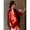 Camisa de ramio roja para mujer, nuevo estilo de verano 2026, cárdigan protector solar, camisa de manga larga para aire acondicionado, top fino