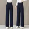 Jeans de cor índigo, modelo de perna larga estreita para mulheres, novo estilo primavera e outono, cintura alta, botão duplo, controle de barriga, modelador, calças soltas de perna reta