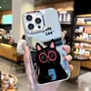 Capa de celular de desenho animado de gato preto fazendo selfie, moderna e engraçada, para iPhone 16 com capa protetora de espelho de maquiagem para Apple 17pm