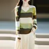 Suéter de Punto Fino con Cuello en V de Lana Nueva Otoño/Invierno 2026 Manga Larga para Mujer Bloque de Color Holgado Jersey Camiseta Base