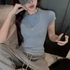 Camiseta de Manga Corta con Cuello Redondo Versátil de Estilo de Gama Alta para Mujer, Nueva Prenda Básica Ajustada Favorecedora de Color Sólido