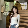 Camiseta de manga larga de cuello cuadrado con espalda descubierta, estilo puro de principios de otoño, cuidadosamente seleccionada, disponible en varios colores, versátil para ir al trabajo y salir, camiseta básica