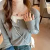 Ropa para mujer de talla grande, que realza los hombros, top tipo dos piezas falso, nueva colección de otoño, capa interior adelgazante de manga larga, camiseta básica de punto, camiseta