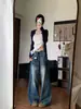 Calça Jeans Wide Leg Flare Cortada a Tesoura Cintura Baixa Estilo Retrô Americano Feminina Outono Novo Estilo Emagrecedora Solta Comprimento Total Longa