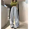 Pronta entrega estilo americano calças de moletom cintura alta com cordão feminino outono soltas emagrecedoras perna larga calças banana com caimento esportivas casuais calças compridas