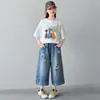 Ropa de Verano para Niños, Camiseta de Dibujos Animados Estilo Coreano para Niñas, Conjunto de Jeans Rasgados, Elegante Conjunto Casual de Dos Piezas para Niños Mayores