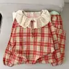 Pijama doble largo de encaje de algodón nube a cuadros amarillos, conjunto fino y amigable con la piel para casa para mujer en primavera y otoño