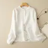 Camisa larga de manga larga de algodón y lino estilo vintage de corte holgado para mujer, nuevo modelo primavera-verano 2024, cuello redondo, chaqueta camisa de longitud media para mujer