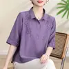 Nueva camisa de moda de verano con cuello camisero, top bordado para madres, camisa elegante para mediana edad y personas mayores, adelgazante con mangas de tres cuartos