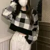 Suéter de punto de manga larga para mujer, estilo coreano de otoño e invierno, nuevo diseño de color de contraste a cuadros, suave, elástico, holgado, estilo perezoso