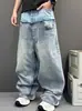 Jeans de Mezclilla Azules Azul Claro Retro Americano Lavado Desgastado Falsos de Dos Piezas Parches Dobladillo Crudo Pantalones Casuales para Hombre de Largo Completo