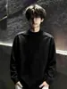 Camiseta básica negra de cuello medio para hombre, otoño e invierno, juvenil, estilo americano, sudadera con forro polar interior, camiseta de manga larga, moderna