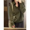 Suéter de lana verde oscuro con solapas para mujer, cálido y versátil para otoño e invierno, top de punto casual