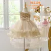 Nuevo vestido de princesa de champán estilo europeo y americano, vestido de lentejuelas para fiestas de cumpleaños, vestido de malla rosa con bordes ondulados, vestido de novia, vestido de florista