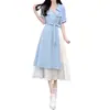Vestido Chemise Elegante de Falso Duas Peças com Decote V, Estilo Francês de Verão, Cintura Suavemente Marcada, Manga Curta, Longo, Estiloso para o Trabalho