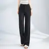 Pantalones de Lino de Pierna Ancha para Mujer, Diseño de Cintura Alta con Flores Bordadas Huecas, Pantalones Casuales, Pantalones Largos Rectos de Tencel de Lujo Ligero
