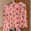 Pijama casero de gasa de algodón suave para otoño con diseño de niña de dibujos animados, holgado y transpirable, con cuello de solapa, mangas largas y pantalones largos, adecuado para usar fuera