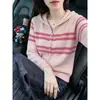 Chaqueta de punto rosa a rayas de estilo suave para mujer, otoño/invierno 2026, corte holgado, efecto adelgazante, solapa pequeña, top de manga larga con cremallera