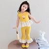 Conjunto Doce para Meninas Verão 2025 Novo Colete de Bebê Calças Boca de Sino Vestido de Verão Menininha Princesa Conjunto de Duas Peças