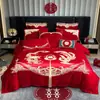 Conjunto de cama de luxo vermelho vibrante para casamento, conjunto de quatro peças 100% algodão com bordado de dragão e fênix, lençol e capa de edredom para celebração de casamento