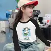 Camiseta Manga Longa Color Block Gola Redonda para Meninas Infantil De Rong Estilosa Base Aconchegante para Outono/Inverno Top Versátil