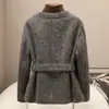 Pequena Quantidade de Roupas 2026 Haining Primavera Novo Casual Cadarço Mistura de Lã Feminina Gola Redonda Casaco de Lã Dupla Face
