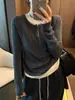 Tricô Cinza Estilo Coreano Falso Duas Peças para Mulheres Design Outono/Inverno Camiseta Gola Meio-Zip Slim Fit Suéter Absolutamente Deslumbrante Super Bonito